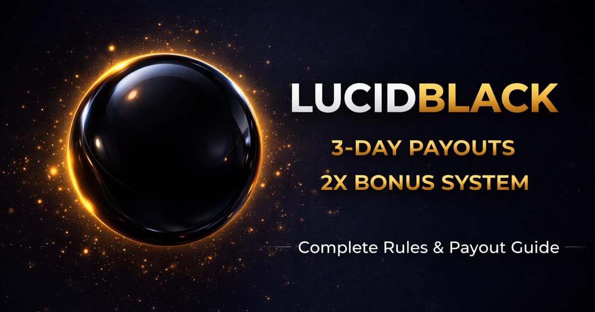 Lucid Trading LucidBlack Rules & Payout Guide: 3-Day Payouts and 2x Bonus System Lucid Trading LucidBlack rules and payout guide showing black orb with gold glow, 3-day payouts and 2x bonus system